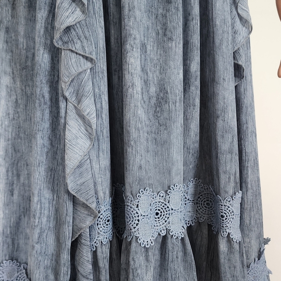 BLUE DRESS MOON RIVER RUFFLES V-NECK OPEN SLEEVES CINCHED WAIST MIDI FULL SKIRT - Picture 11 of 16